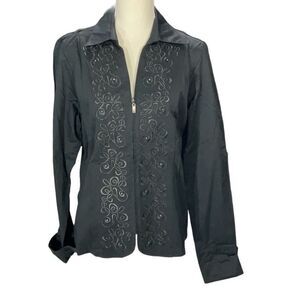 Christine Alexander Embroidered Black Zip Front Long Sleeve Embellished Shirt M